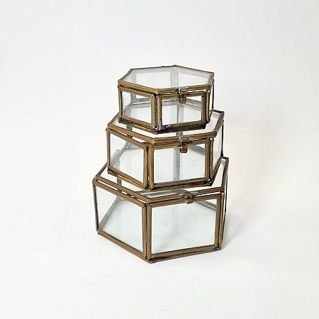 Set Of 3 Hexagonal Glass & Brass Containers