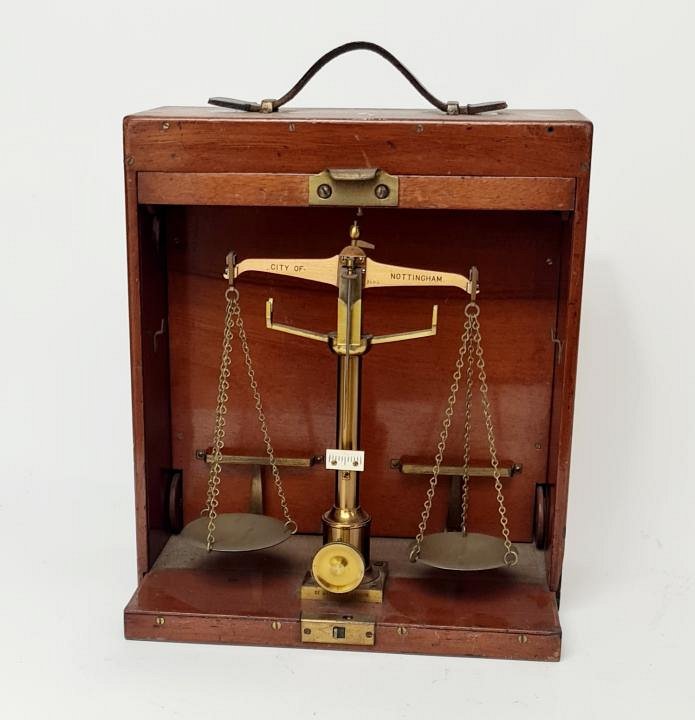 Period Brass Scales In Retractable Wooden Case