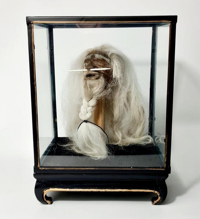 Imitation Shrunken Head in Vintage Glass Display Case