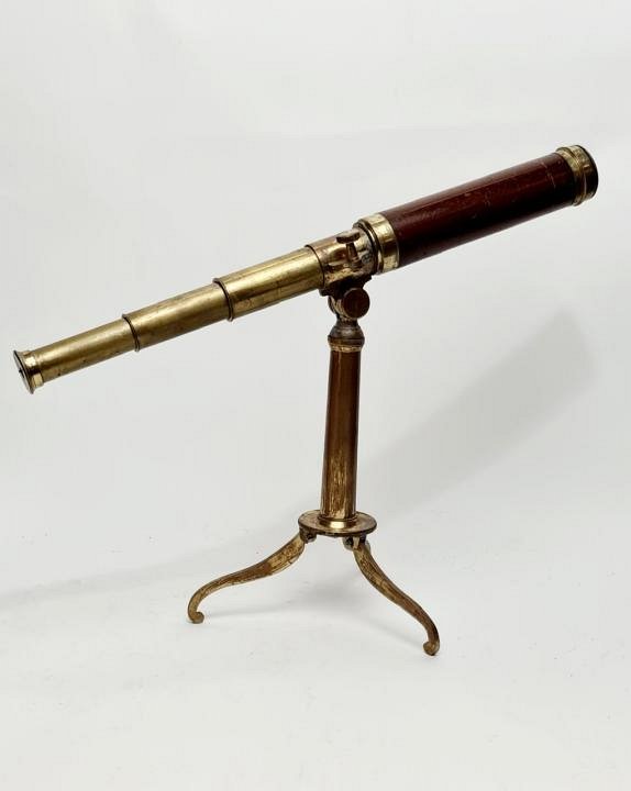 Antique Hand Held Telescope Mounted On Brass Tripod Stand