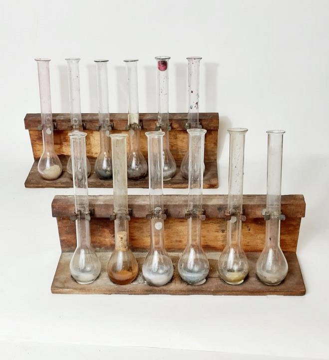 Glass Flasks in Wooden Rack (priced individually)