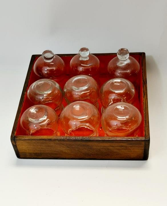 Set Of 9 Cupping Glasses In Wooden Tray