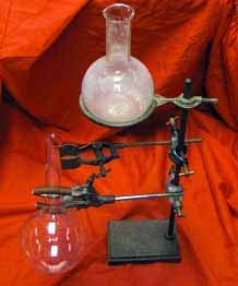Old Iron Retort Stand & Glass Flasks