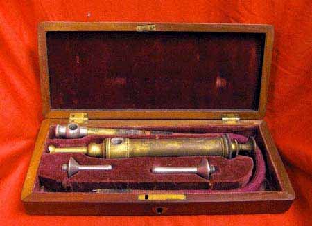 Antique Brass Enema Set In Mahogany Case