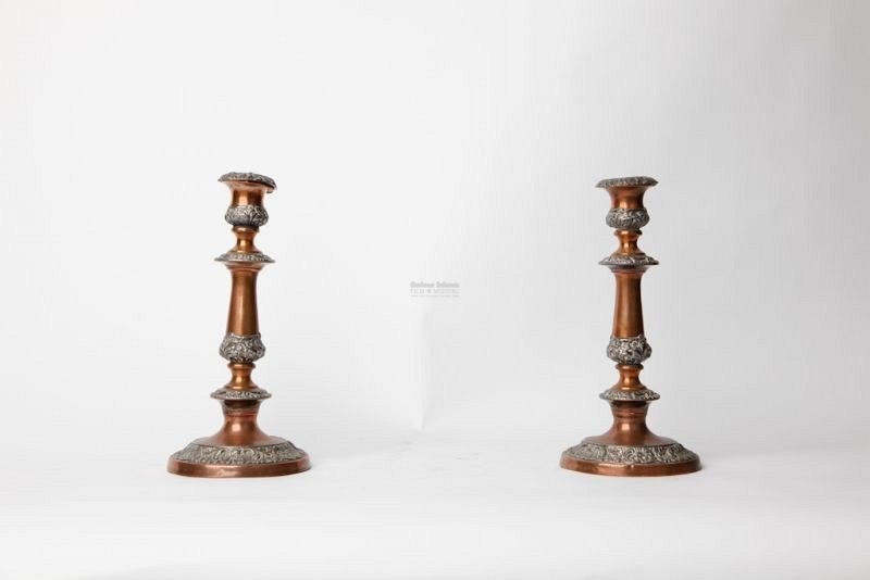 Copper and Sheffield plate candlesticks
