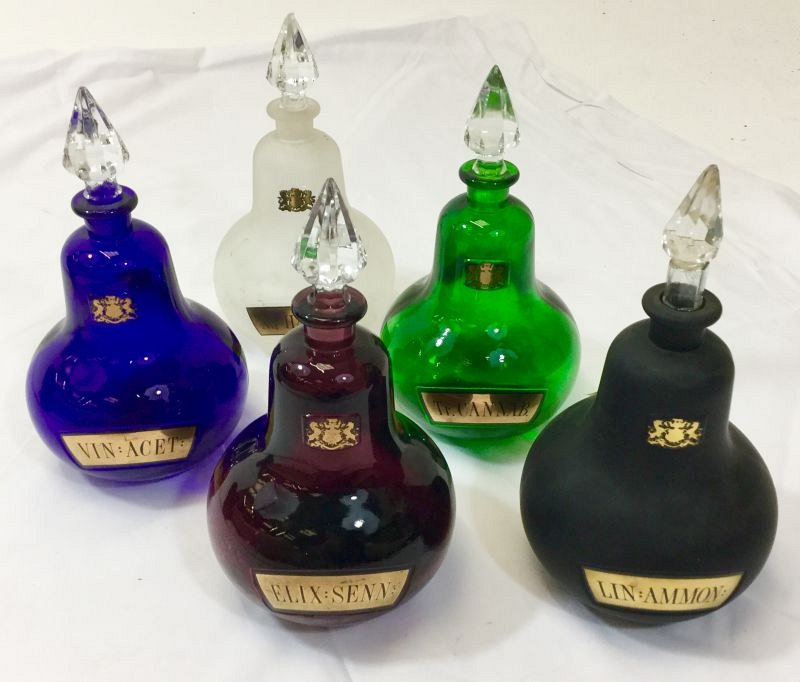 Coloured pharmacy bottles