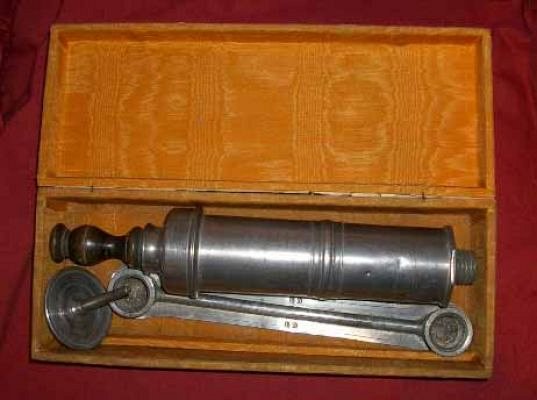 Cased pewter enema syringe